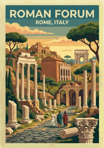 Roman Forum travel poster featuring ancient ruins in warm colors, vintage style wall decor