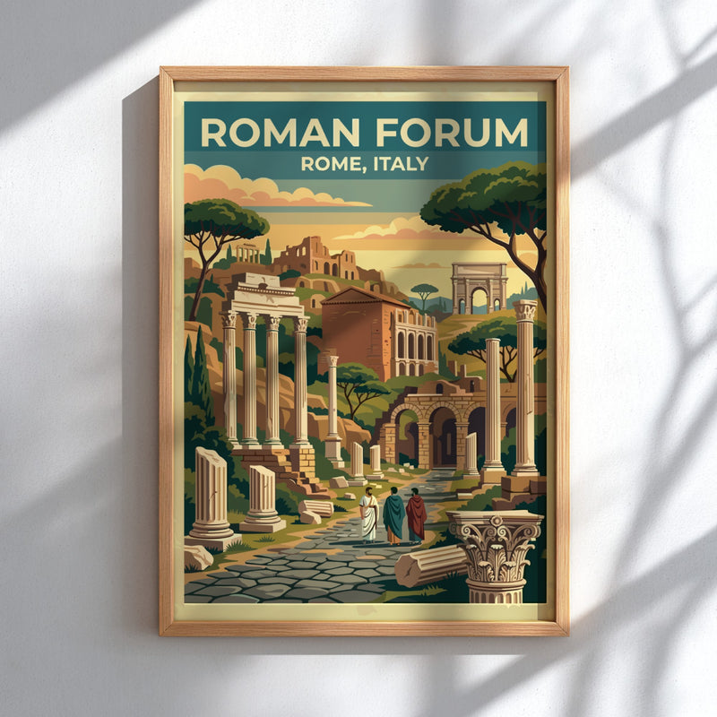 Roman Forum travel poster featuring ancient ruins in warm colors, vintage style wall decor