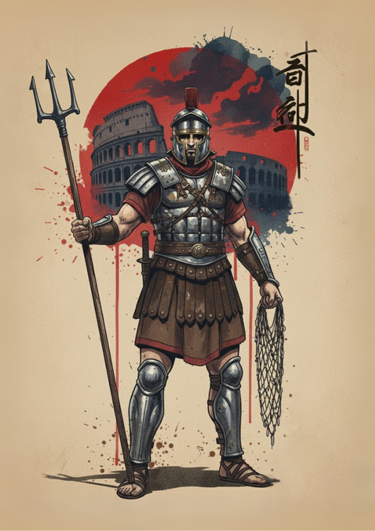 Illustration of a Roman soldier in armor holding a trident with the Colosseum in the background.