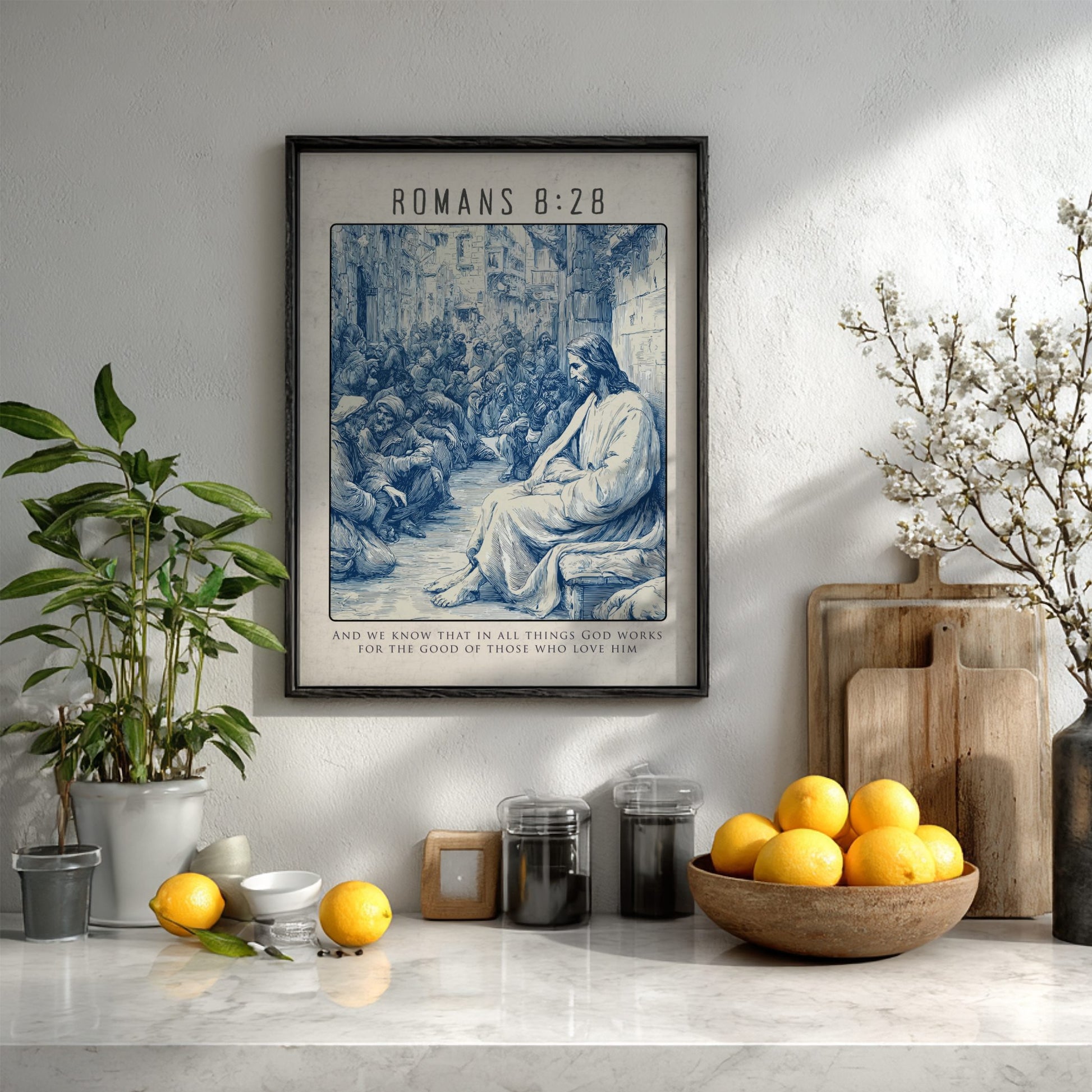 Romans 8:28 Scripture Art - "All Things for Good" Wall Print