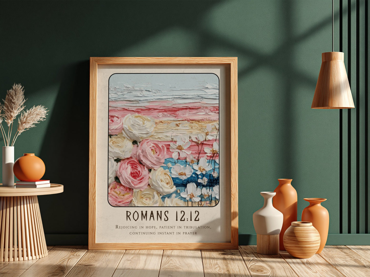 Romans 12:12 poster featuring floral elements and soft colors, inspirational religious art for home decor