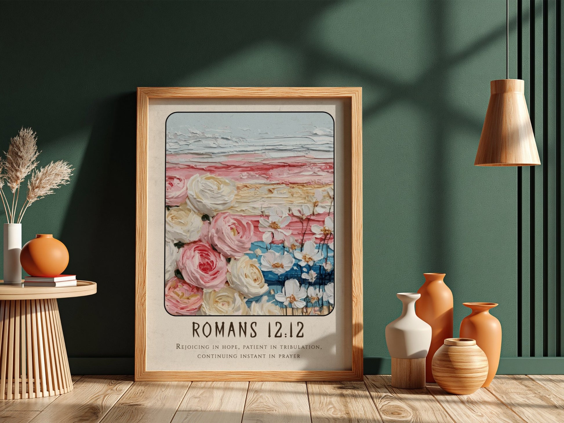 Romans 12:12 poster featuring floral elements and soft colors, inspirational religious art for home decor