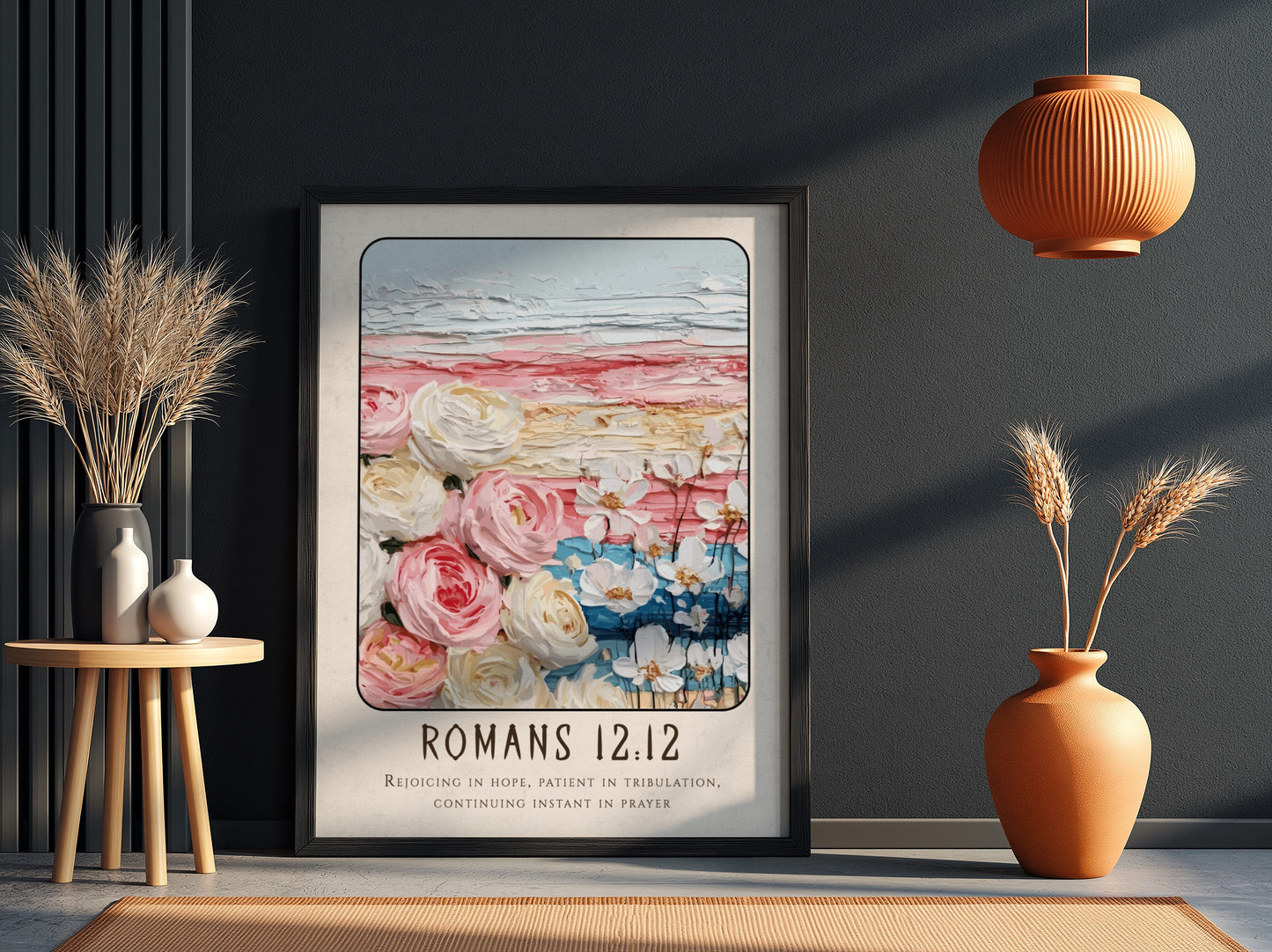 Romans 12:12 poster featuring floral elements and soft colors, inspirational religious art for home decor