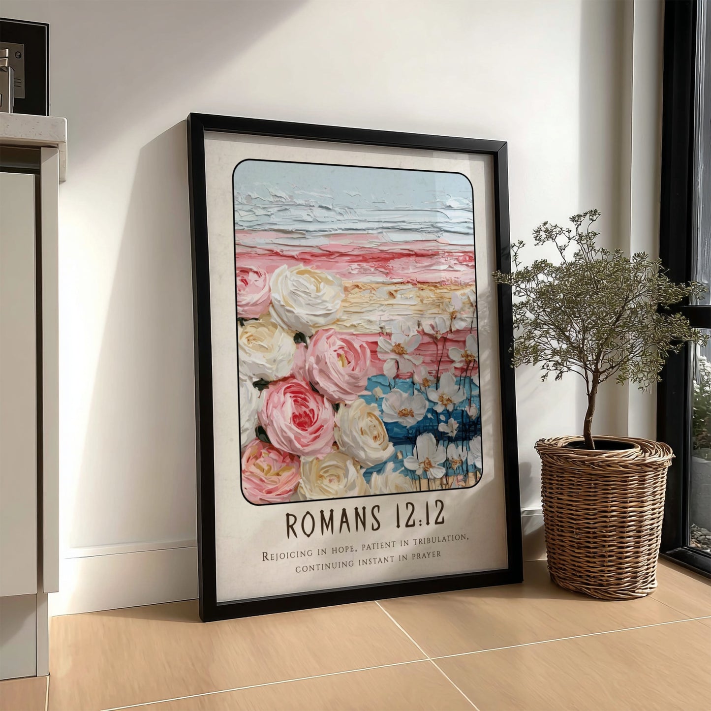 Romans 12:12 poster featuring floral elements and soft colors, inspirational religious art for home decor