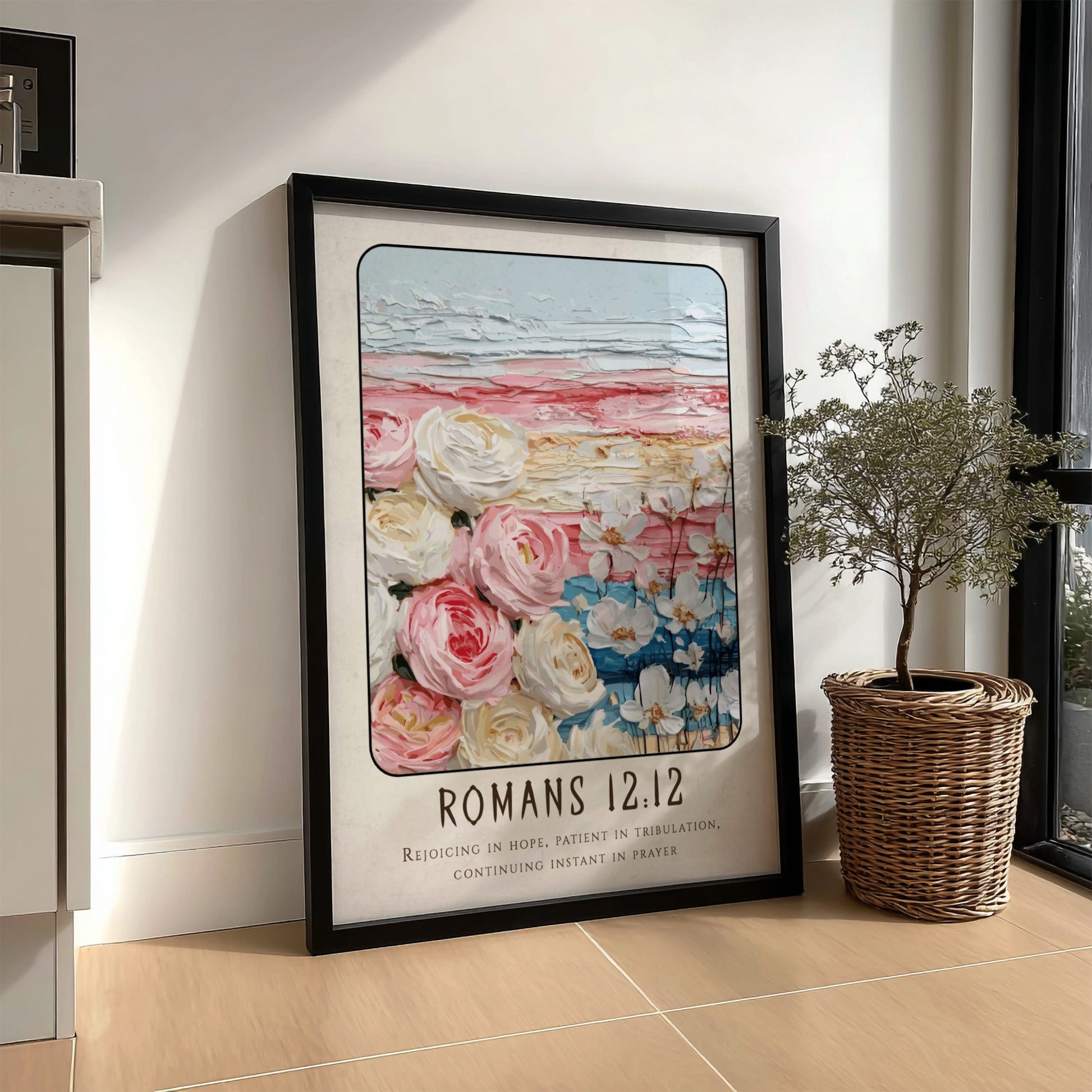 Romans 12:12 poster featuring floral elements and soft colors, inspirational religious art for home decor