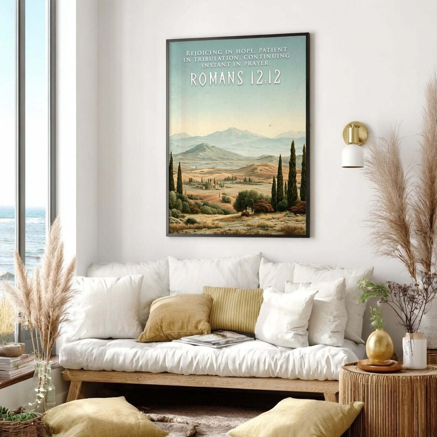 Poster displaying the Romans 12:12 quote over a scenic landscape of rolling golden hills.