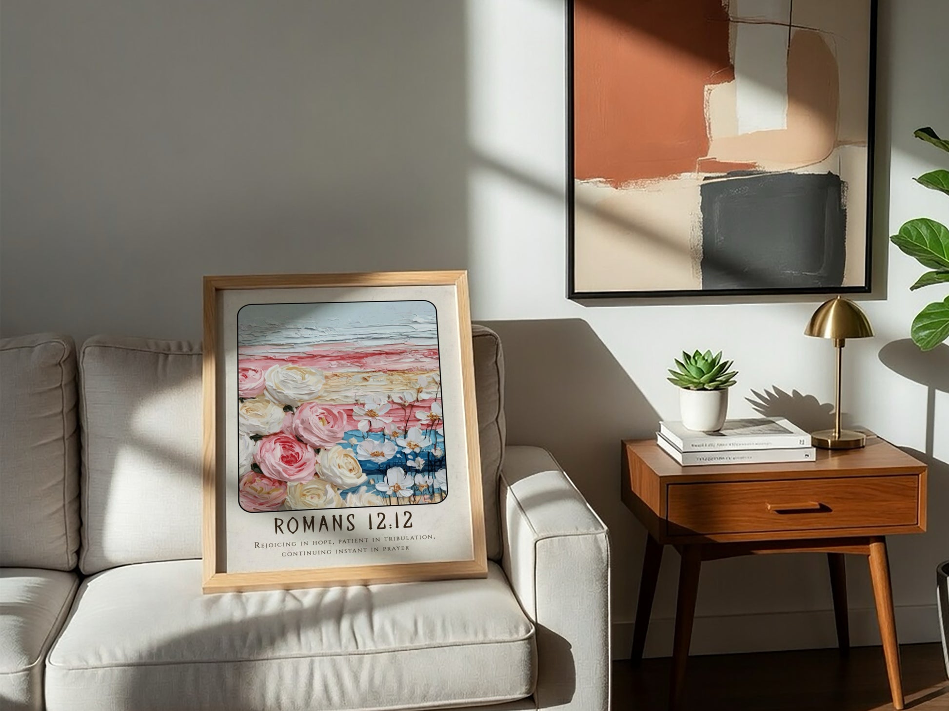 Romans 12:12 poster featuring floral elements and soft colors, inspirational religious art for home decor