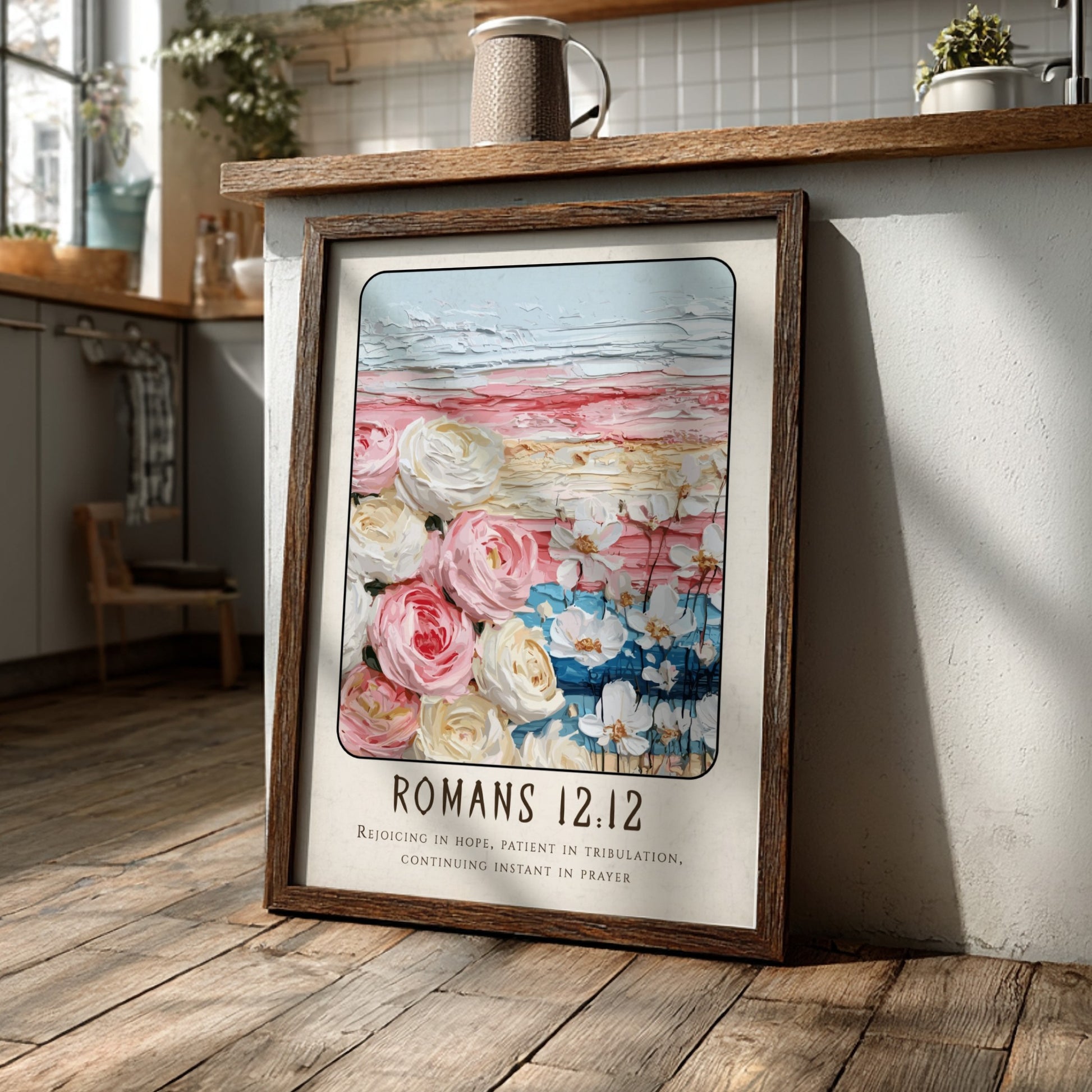 Romans 12:12 poster featuring floral elements and soft colors, inspirational religious art for home decor