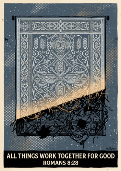 Poster displaying intricate blue patterns unravelling into thorns with the text Romans 8:28
