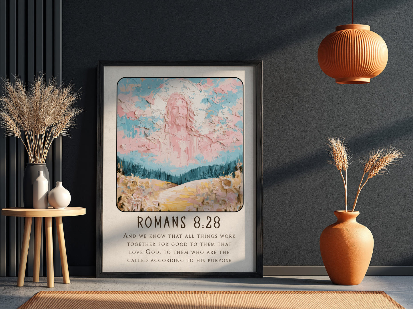 Romans 8:28 poster featuring a divine figure in soft pastels, inspirational Christian wall art