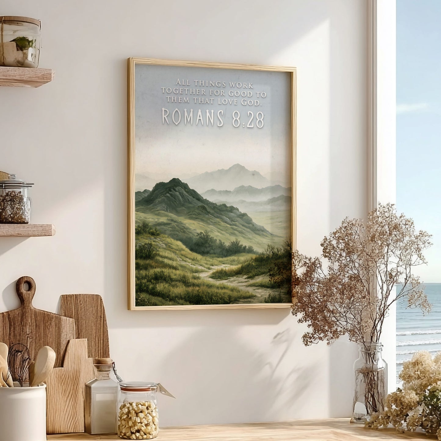 Poster featuring rolling hills and mountains with the text Romans 8:28 above them