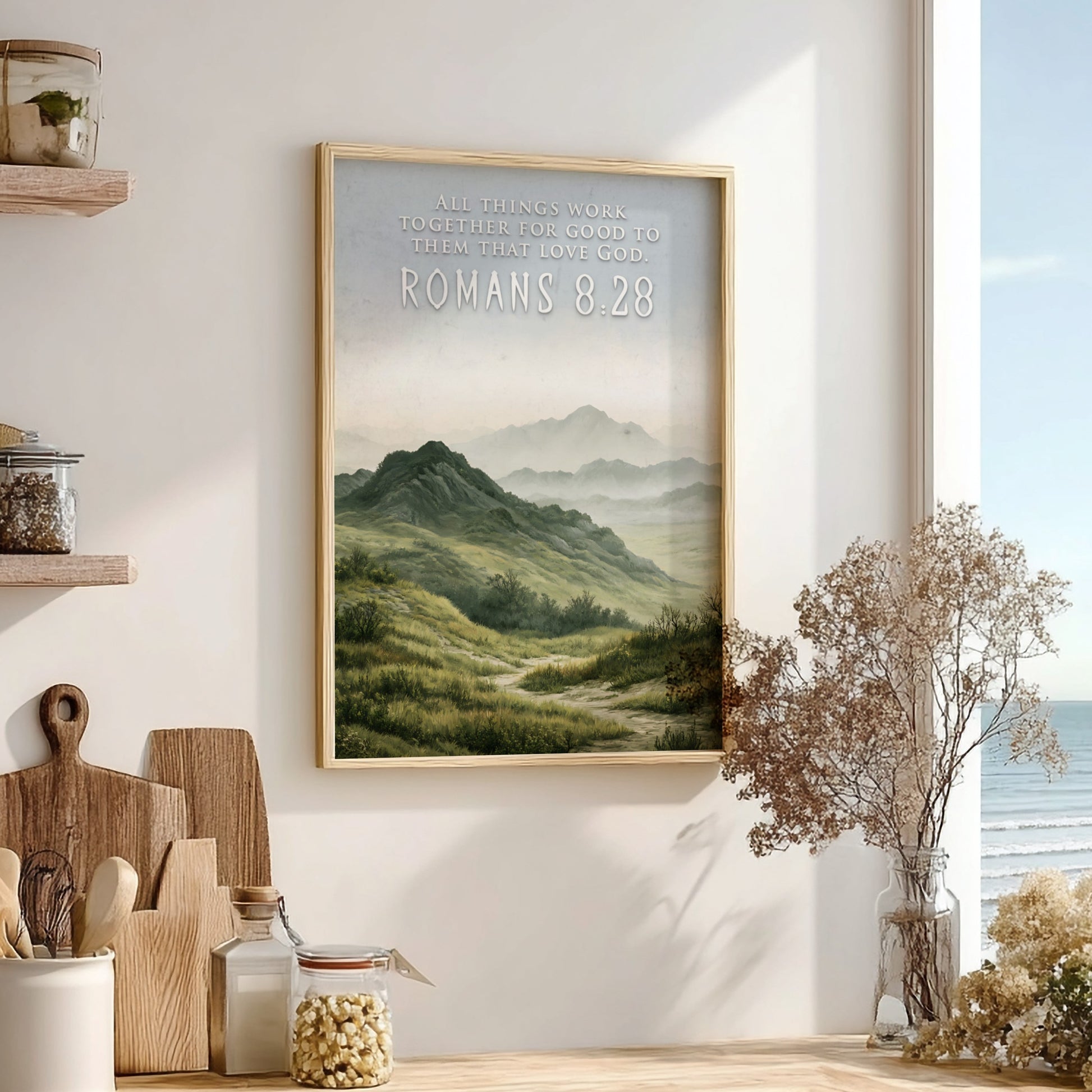 Poster featuring rolling hills and mountains with the text Romans 8:28 above them