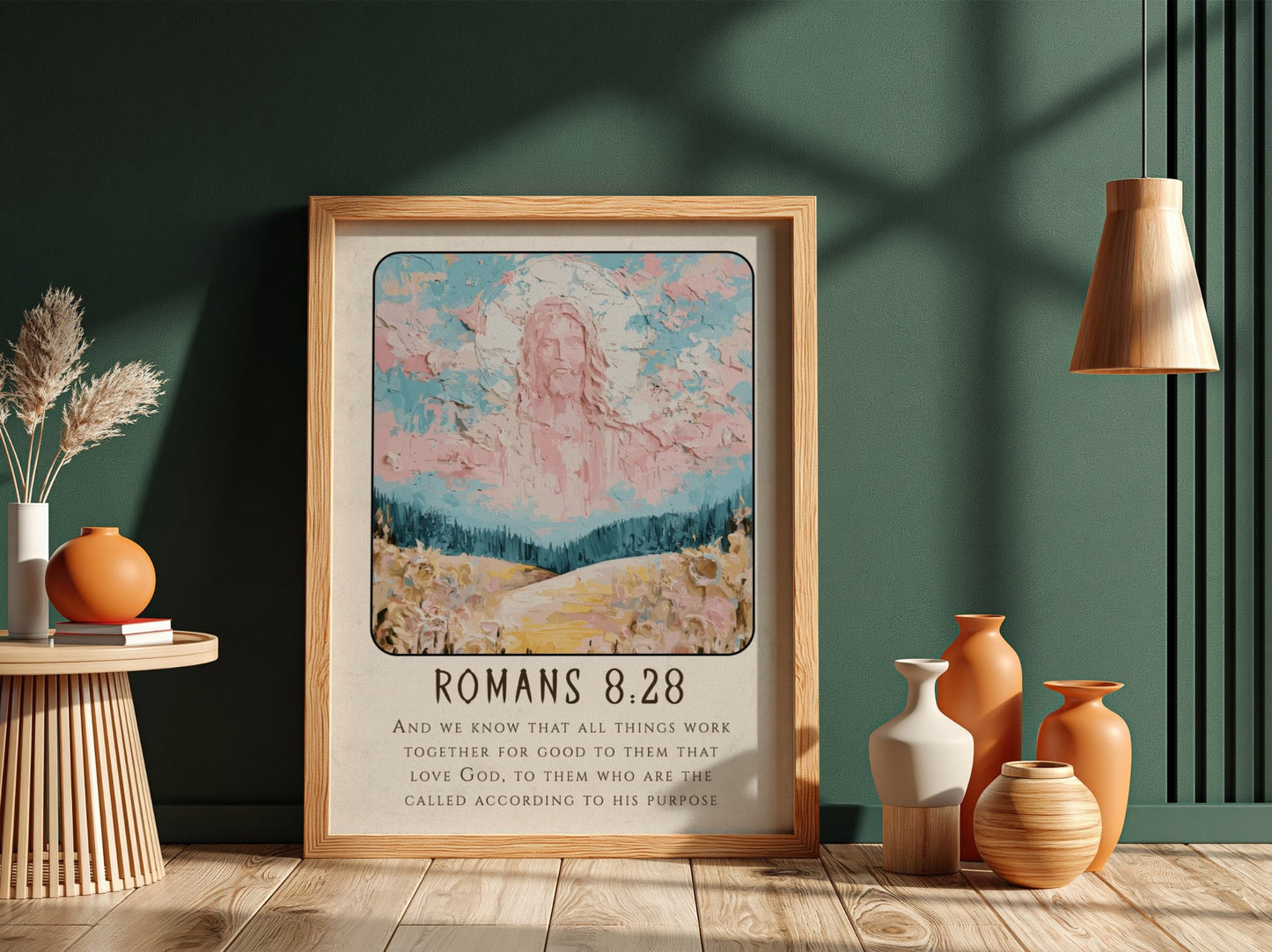 Romans 8:28 poster featuring a divine figure in soft pastels, inspirational Christian wall art