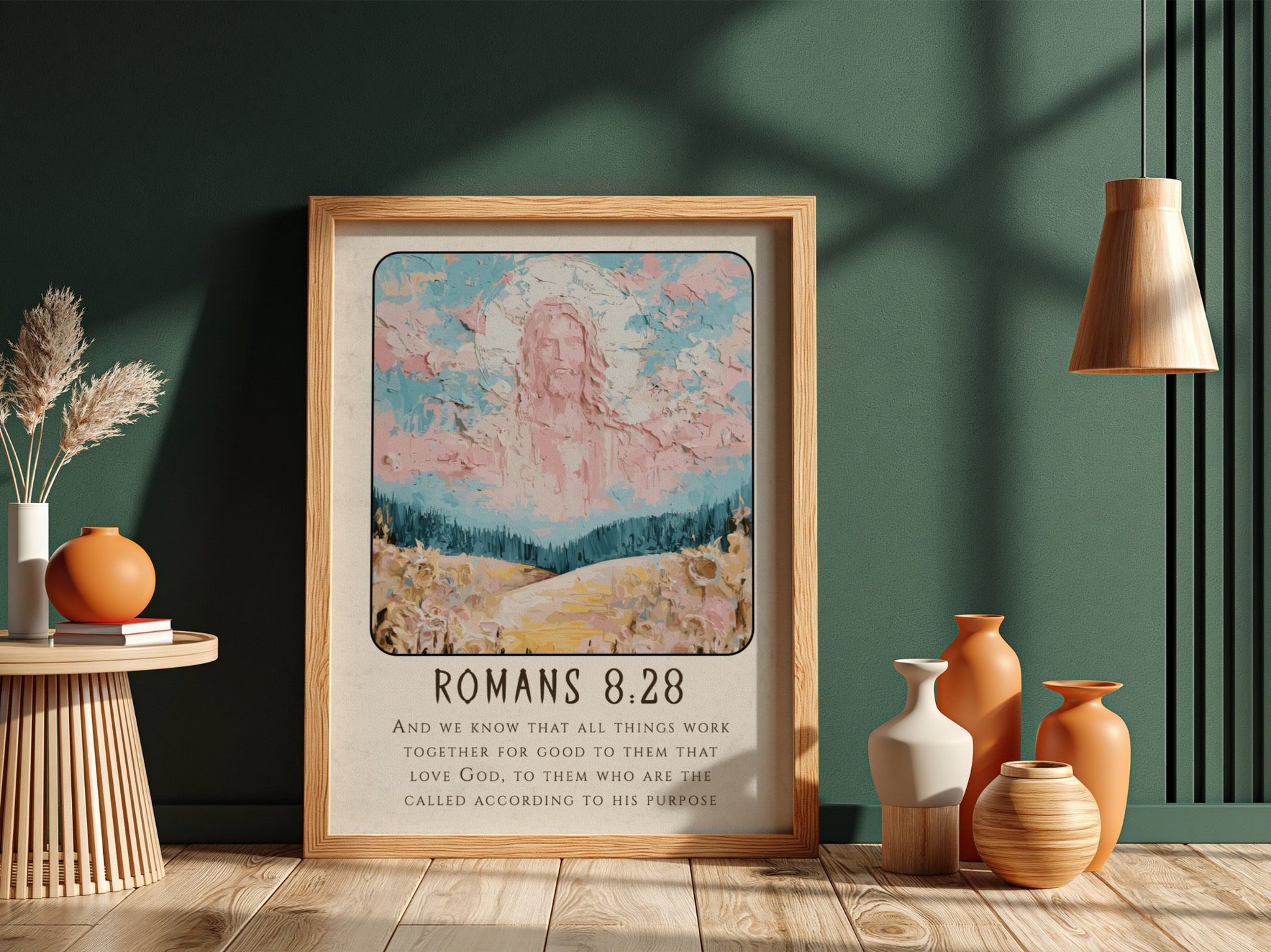 Romans 8:28 poster featuring a divine figure in soft pastels, inspirational Christian wall art