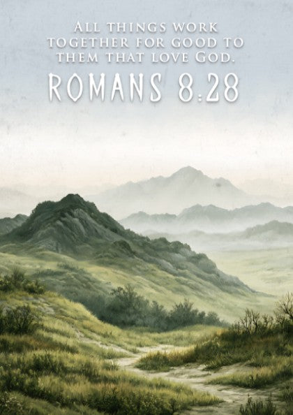 Poster featuring rolling hills and mountains with the text Romans 8:28 above them