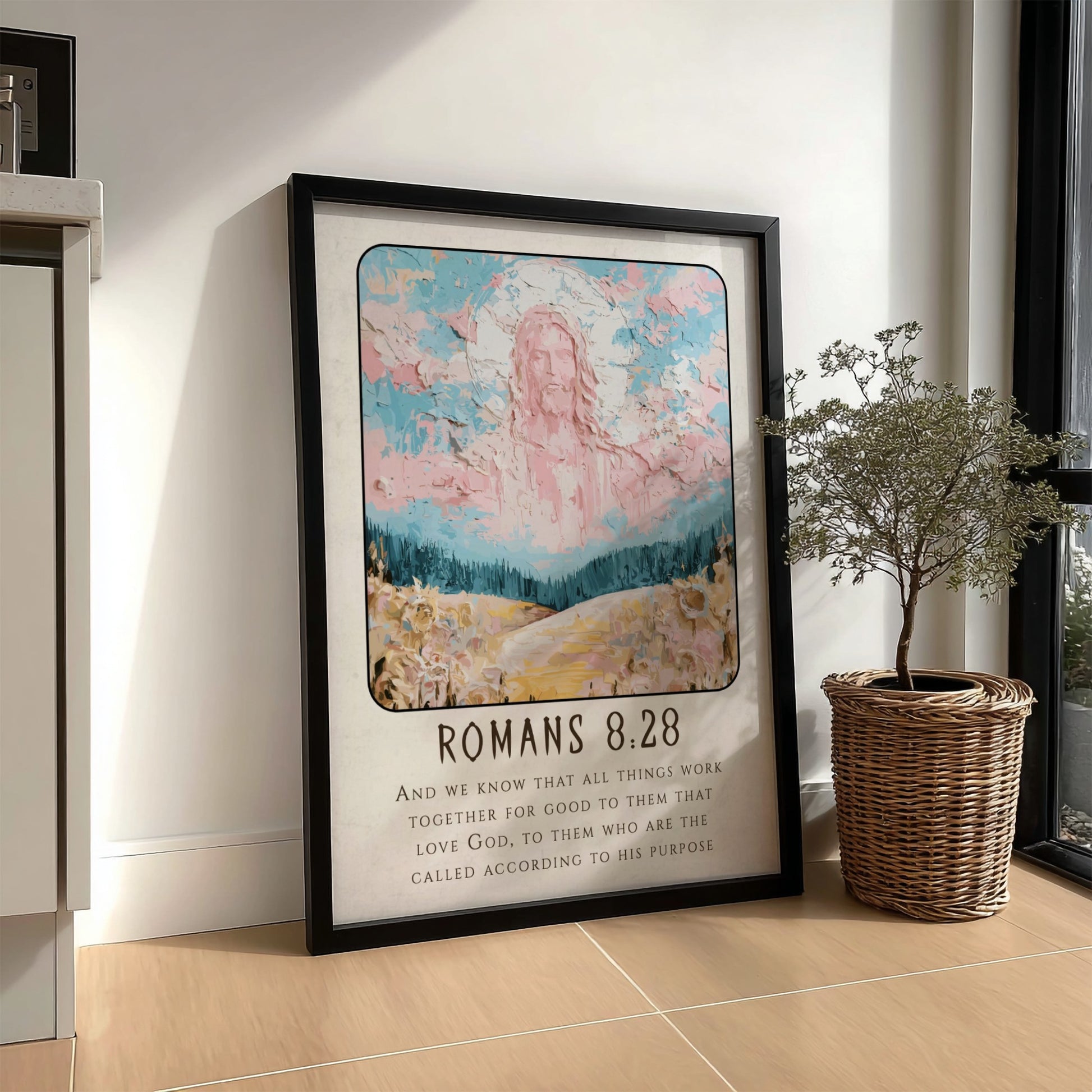 Romans 8:28 poster featuring a divine figure in soft pastels, inspirational Christian wall art