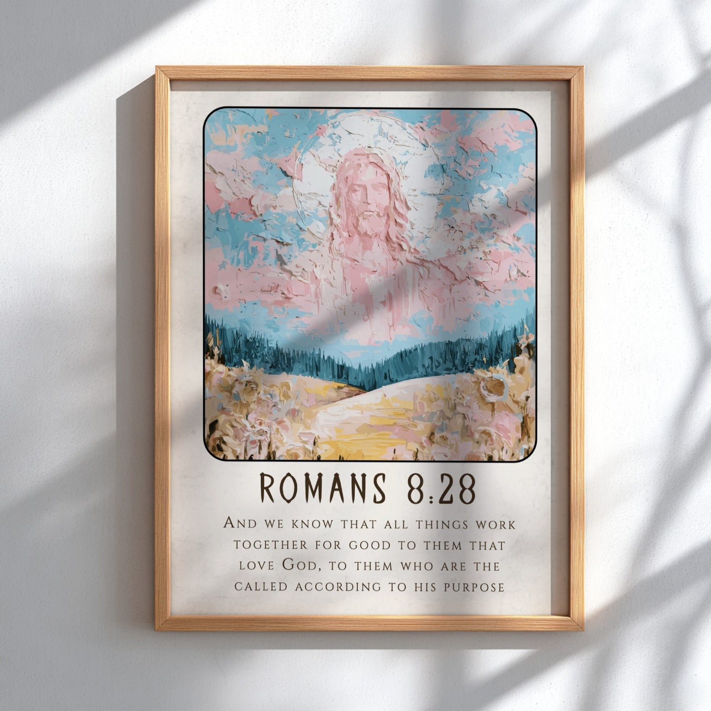 Romans 8:28 poster featuring a divine figure in soft pastels, inspirational Christian wall art