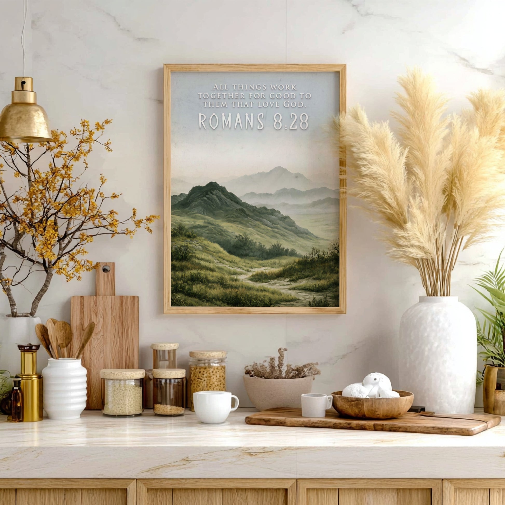 Poster featuring rolling hills and mountains with the text Romans 8:28 above them