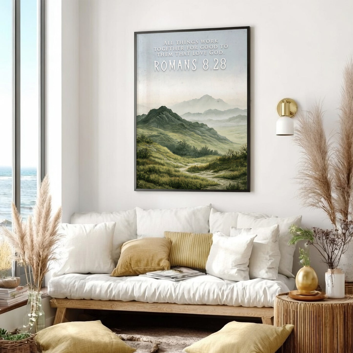 Poster featuring rolling hills and mountains with the text Romans 8:28 above them