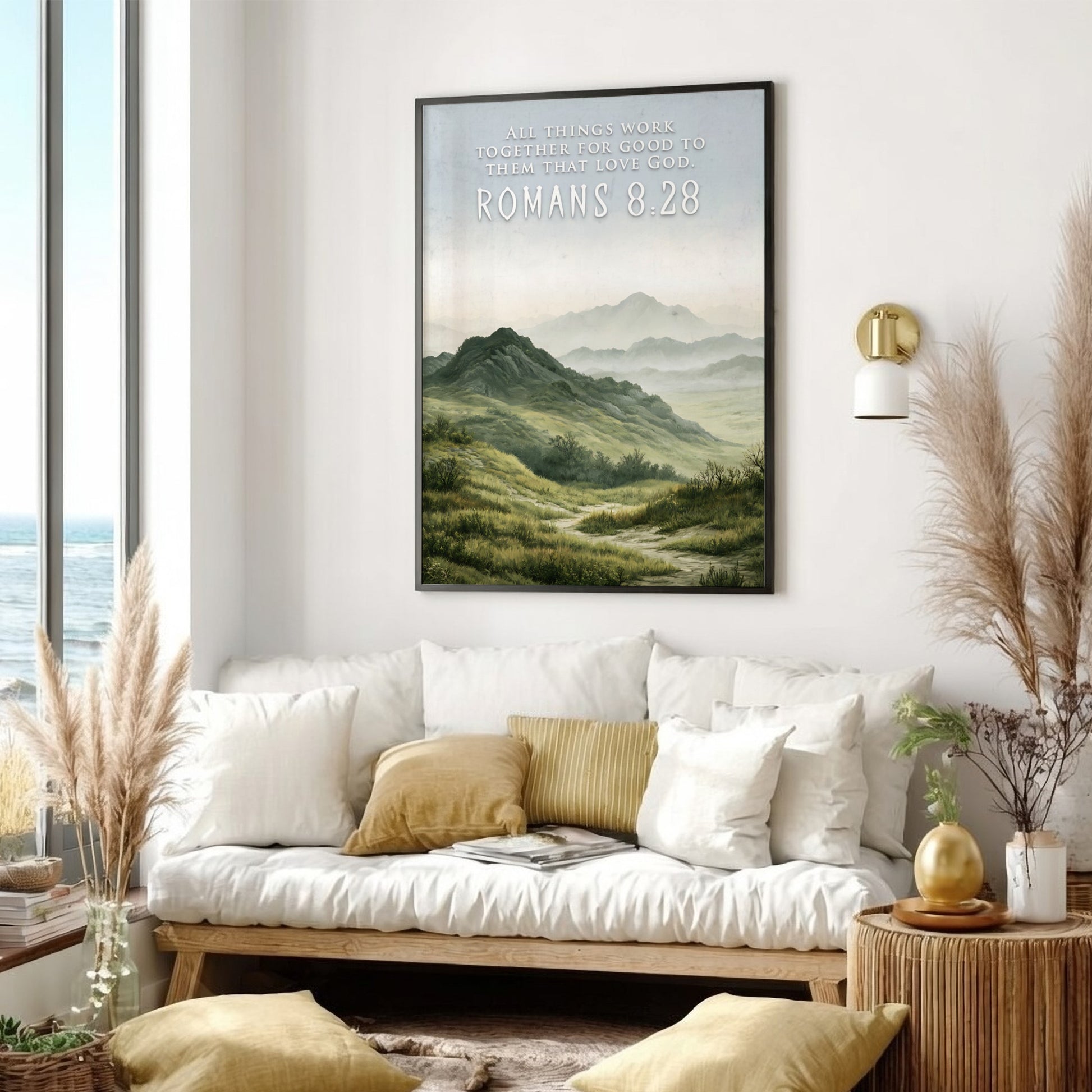 Poster featuring rolling hills and mountains with the text Romans 8:28 above them