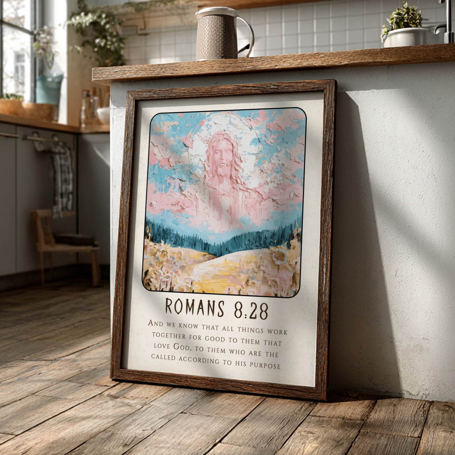 Romans 8:28 poster featuring a divine figure in soft pastels, inspirational Christian wall art