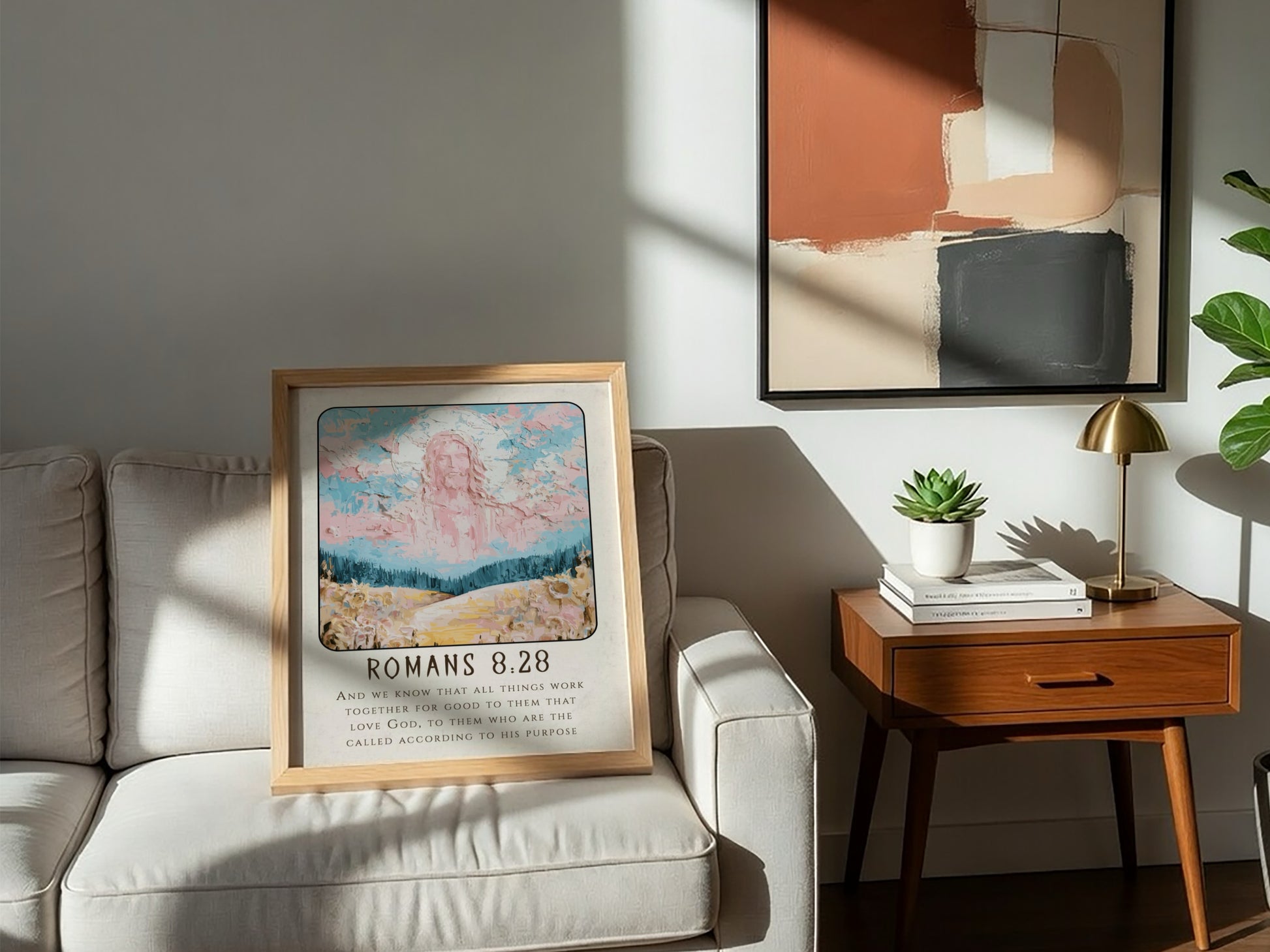 Romans 8:28 poster featuring a divine figure in soft pastels, inspirational Christian wall art