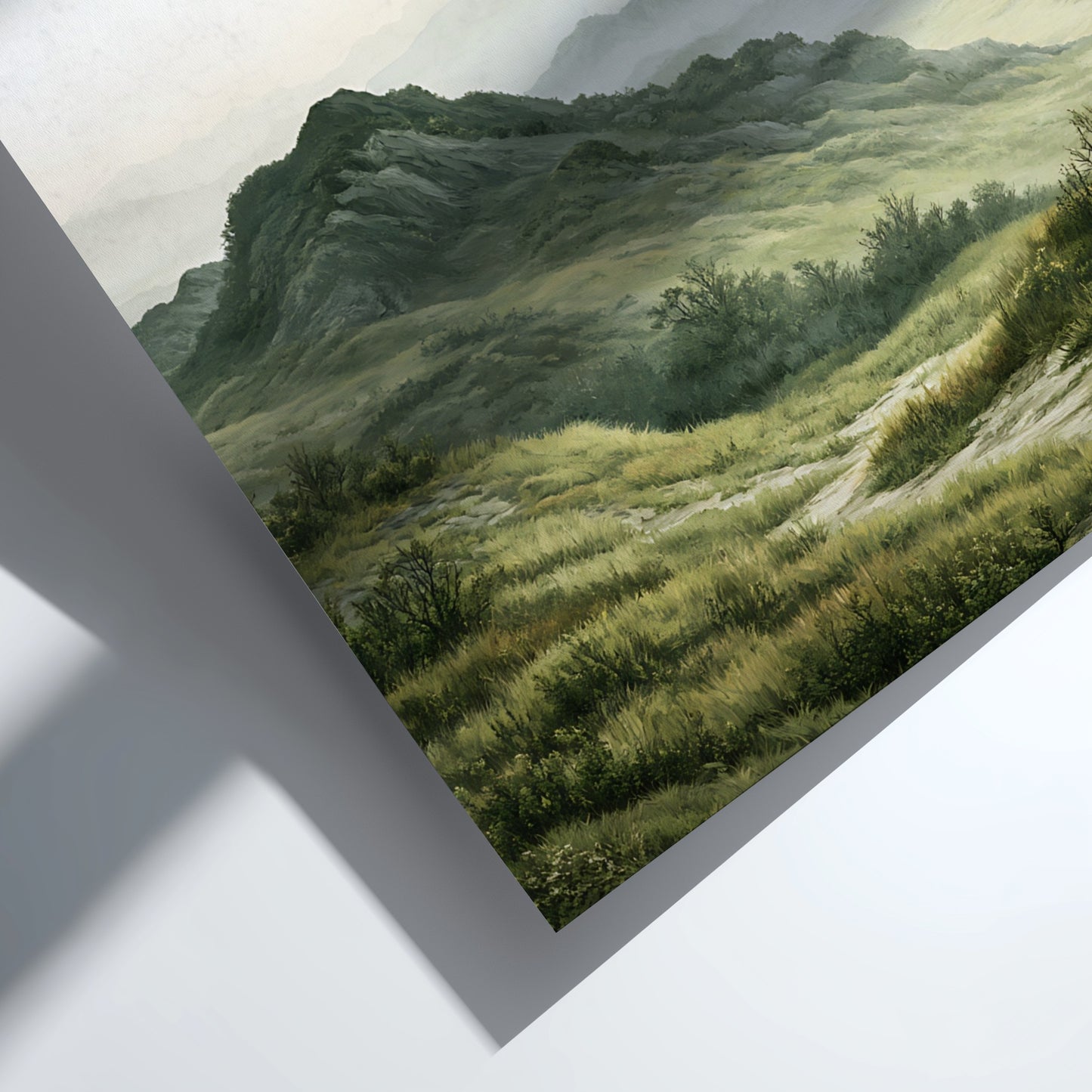 Poster featuring rolling hills and mountains with the text Romans 8:28 above them