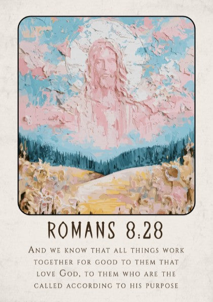 Romans 8:28 poster featuring a divine figure in soft pastels, inspirational Christian wall art
