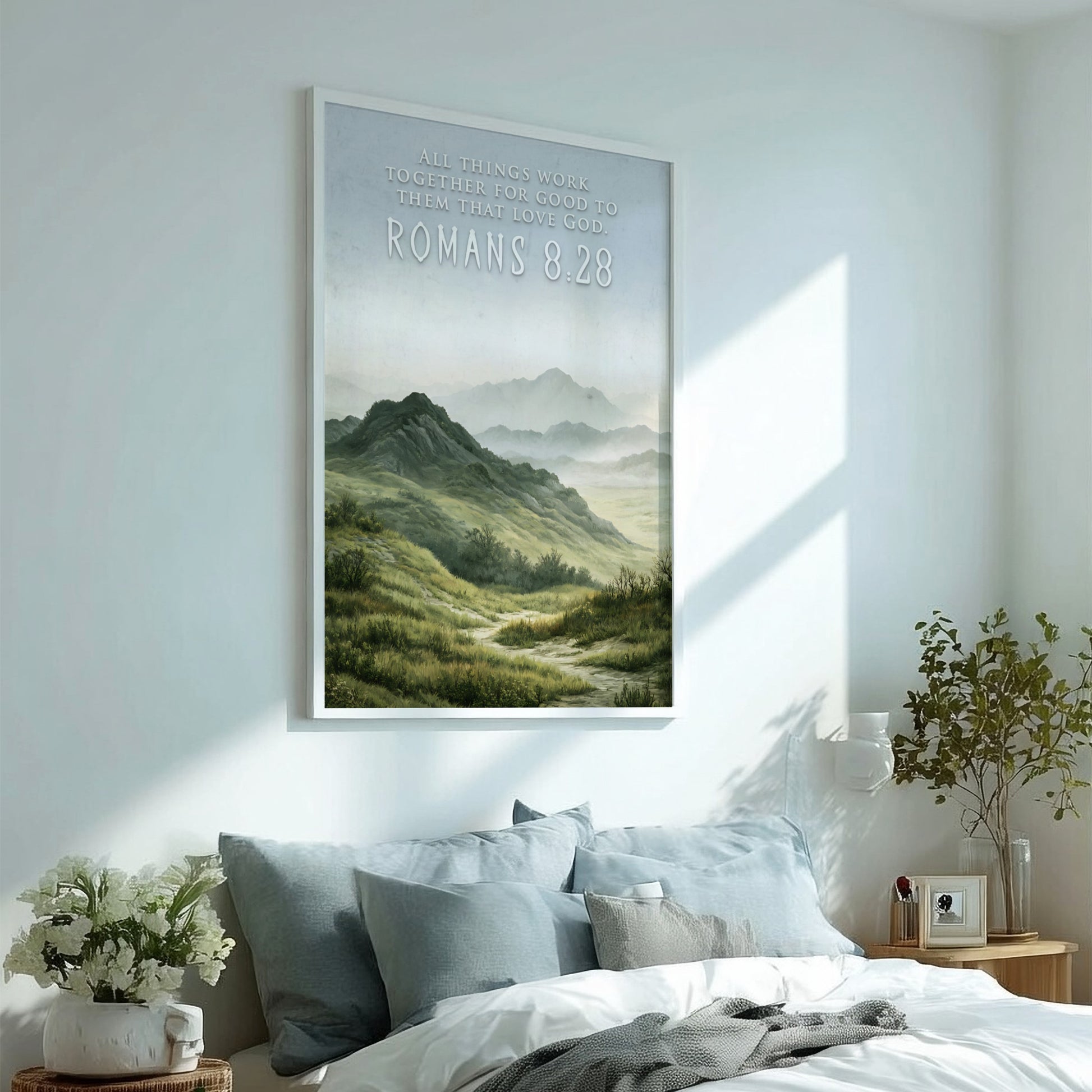 Poster featuring rolling hills and mountains with the text Romans 8:28 above them