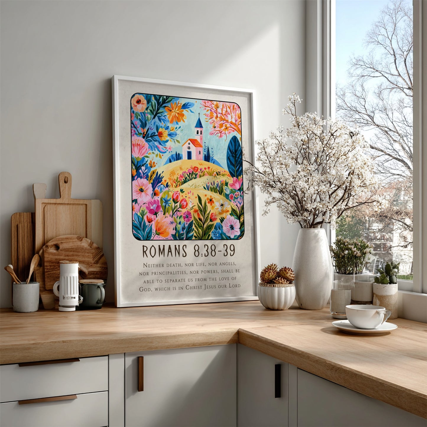 Romans 8:38-39 poster featuring vibrant flowers and a church, perfect for religious wall art