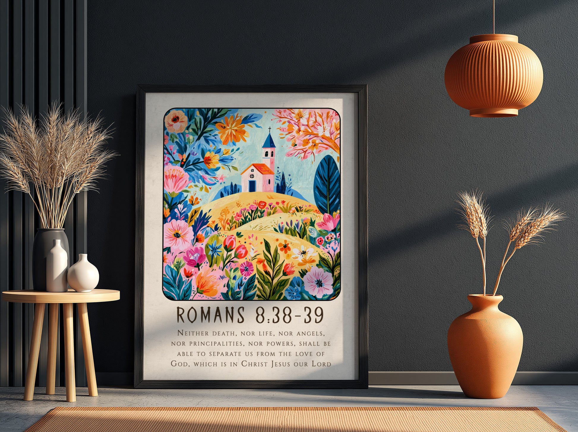 Romans 8:38-39 poster featuring vibrant flowers and a church, perfect for religious wall art