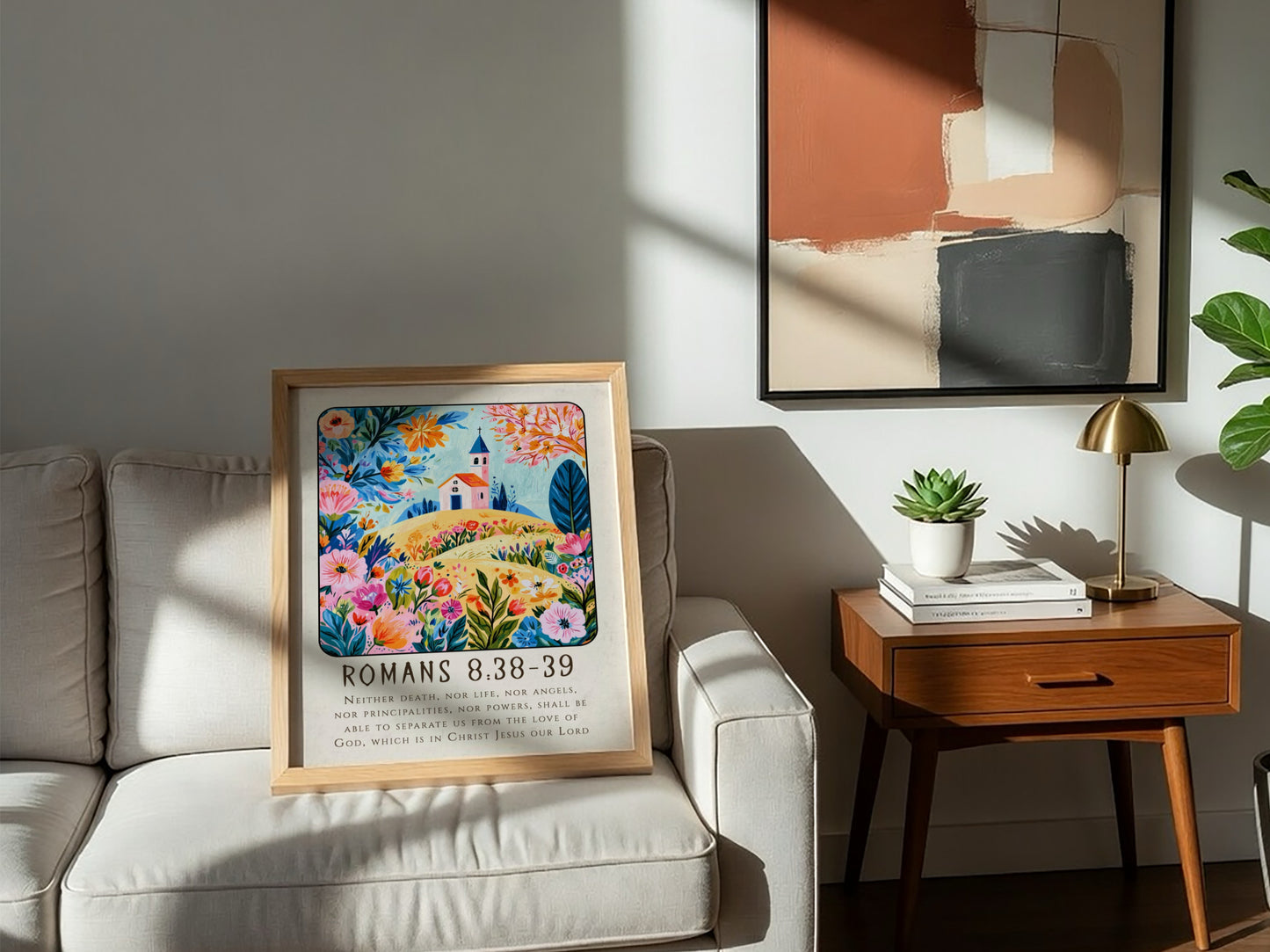 Romans 8:38-39 poster featuring vibrant flowers and a church, perfect for religious wall art