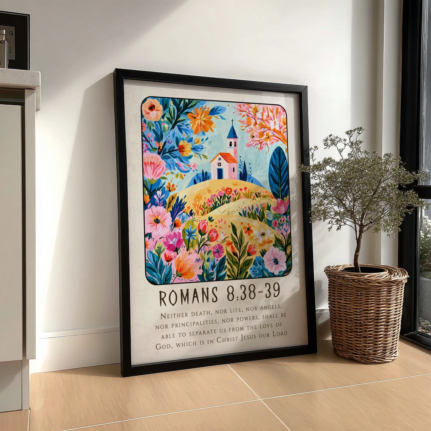 Romans 8:38-39 poster featuring vibrant flowers and a church, perfect for religious wall art