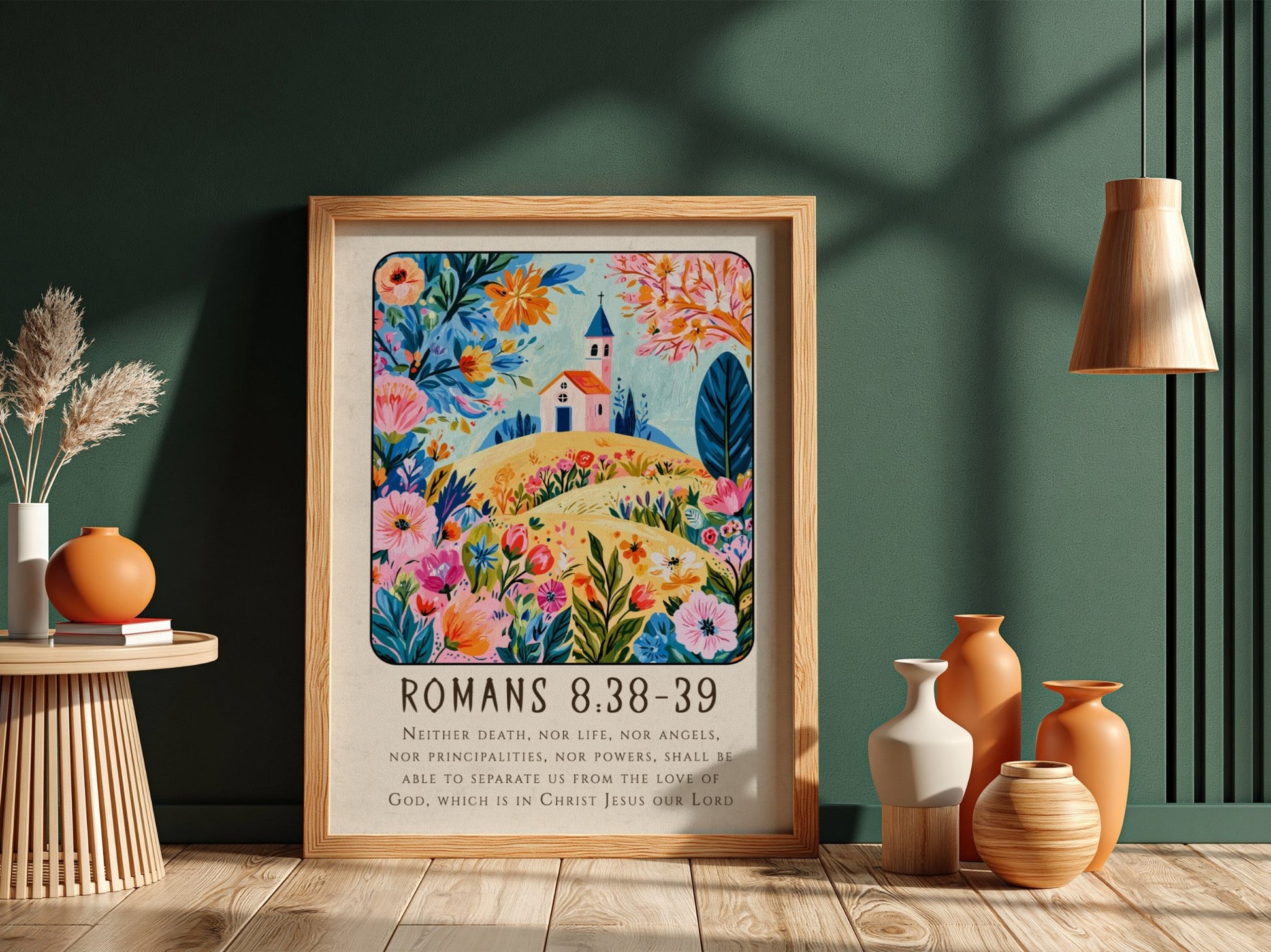Romans 8:38-39 poster featuring vibrant flowers and a church, perfect for religious wall art
