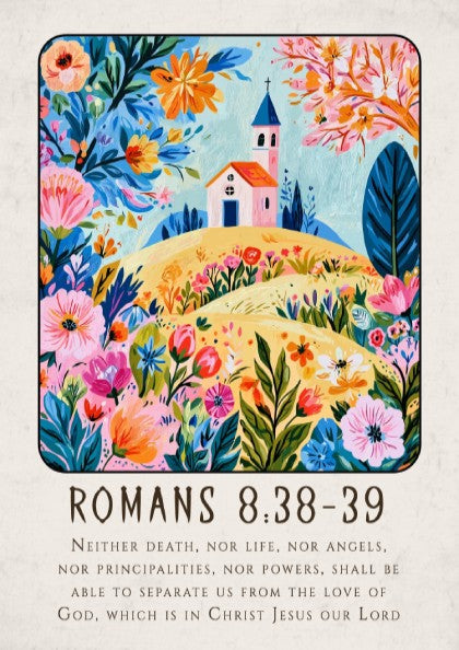 Romans 8:38-39 poster featuring vibrant flowers and a church, perfect for religious wall art