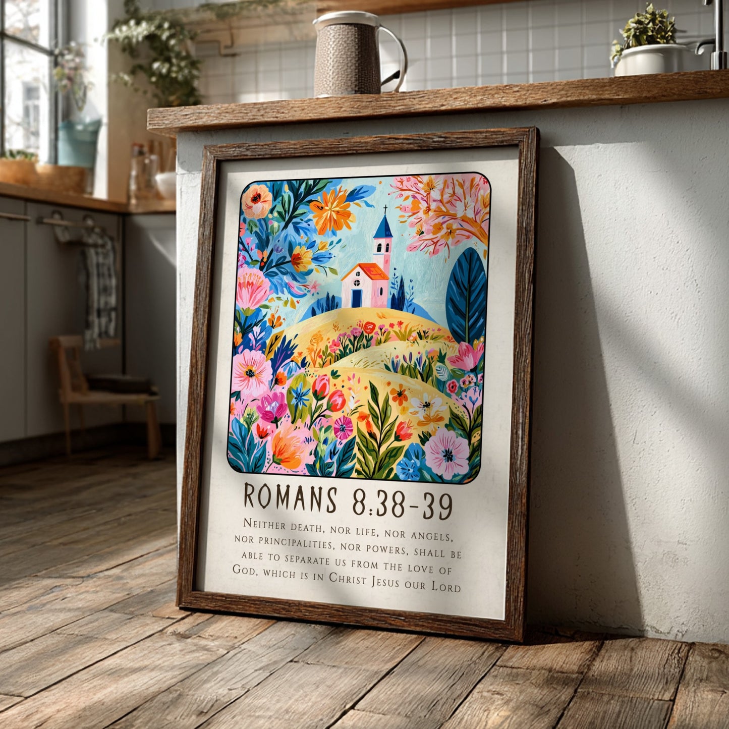 Romans 8:38-39 poster featuring vibrant flowers and a church, perfect for religious wall art