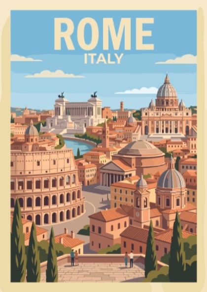 Rome Italy travel poster showing the Colosseum and St. Peter's Basilica in warm tones.