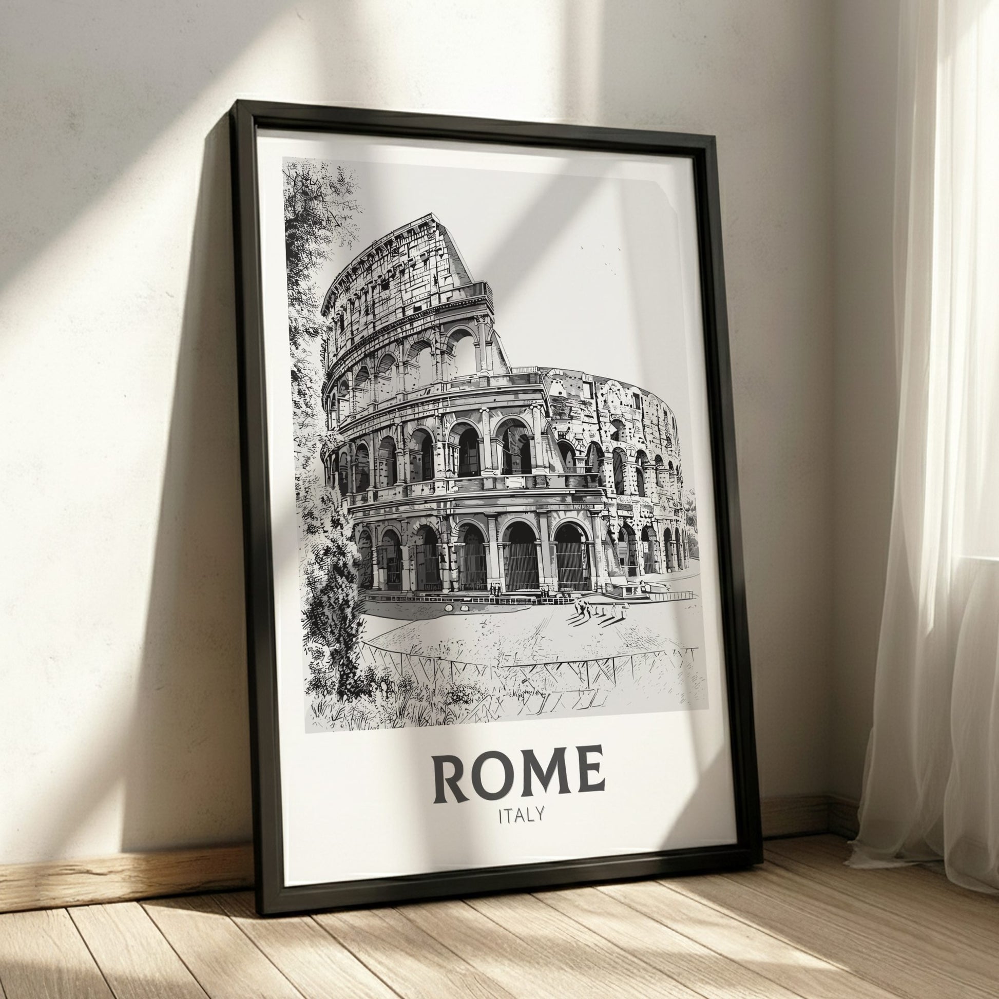 Rome black and white travel poster on a black frame