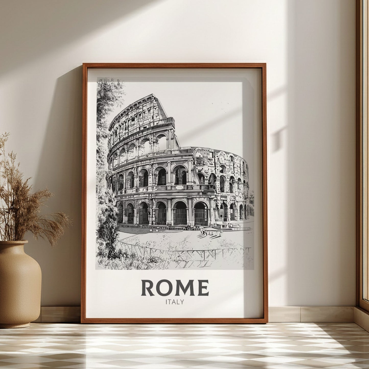 Rome black and white travel poster on a dark wood frame