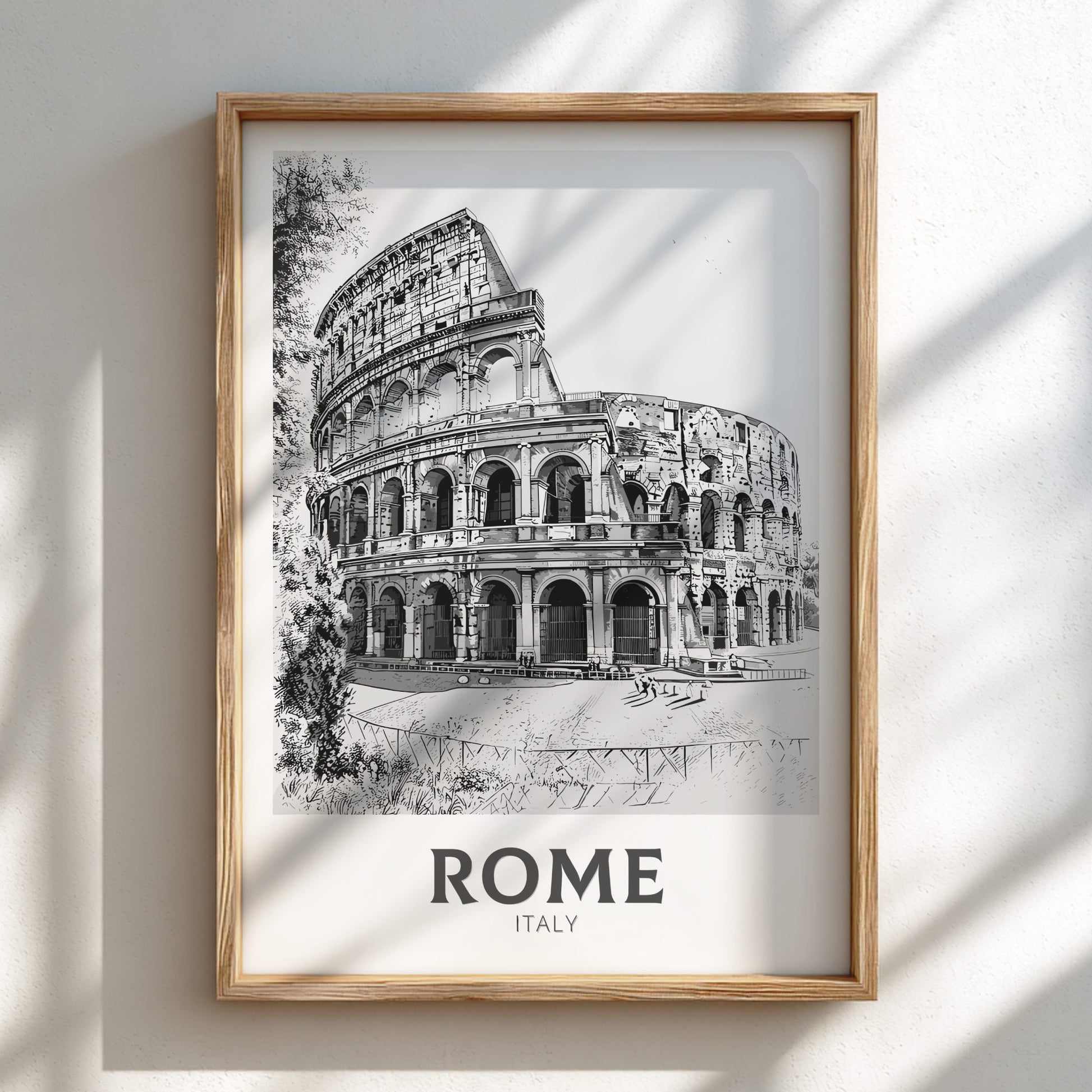 Rome black and white travel poster on a natural oak frame