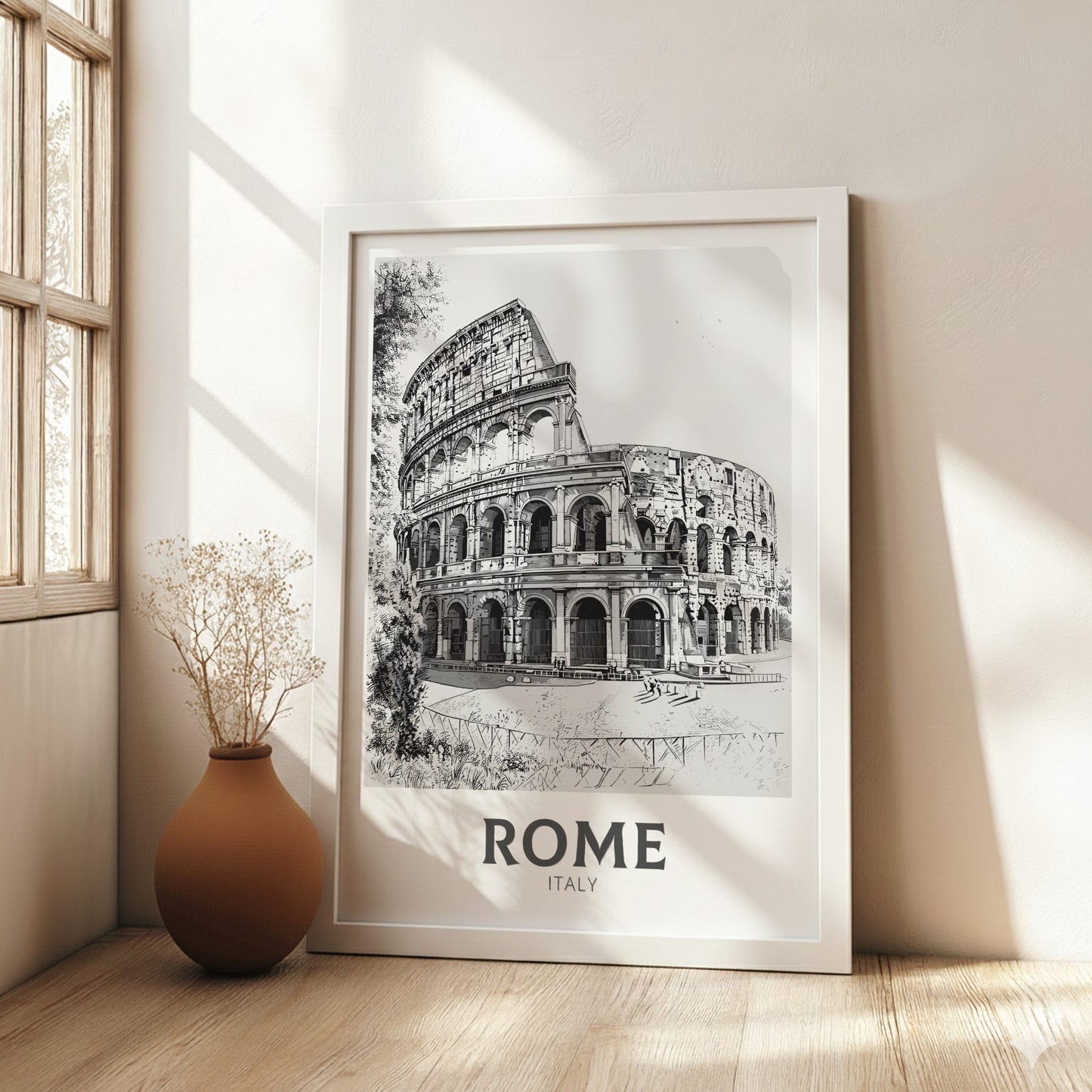 Rome black and white travel poster on a white frame