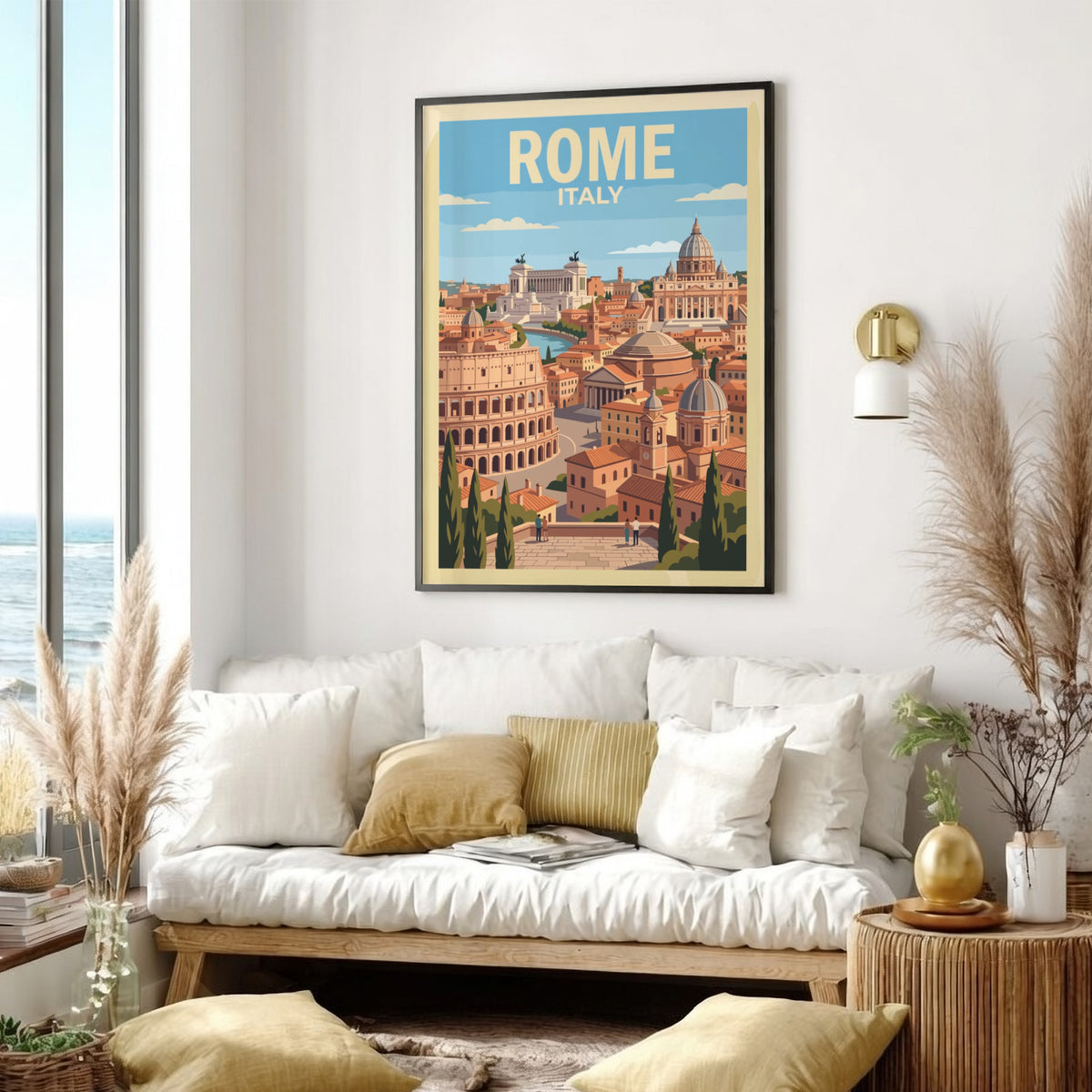 Rome Italy travel poster showing the Colosseum and St. Peter's Basilica in warm tones.