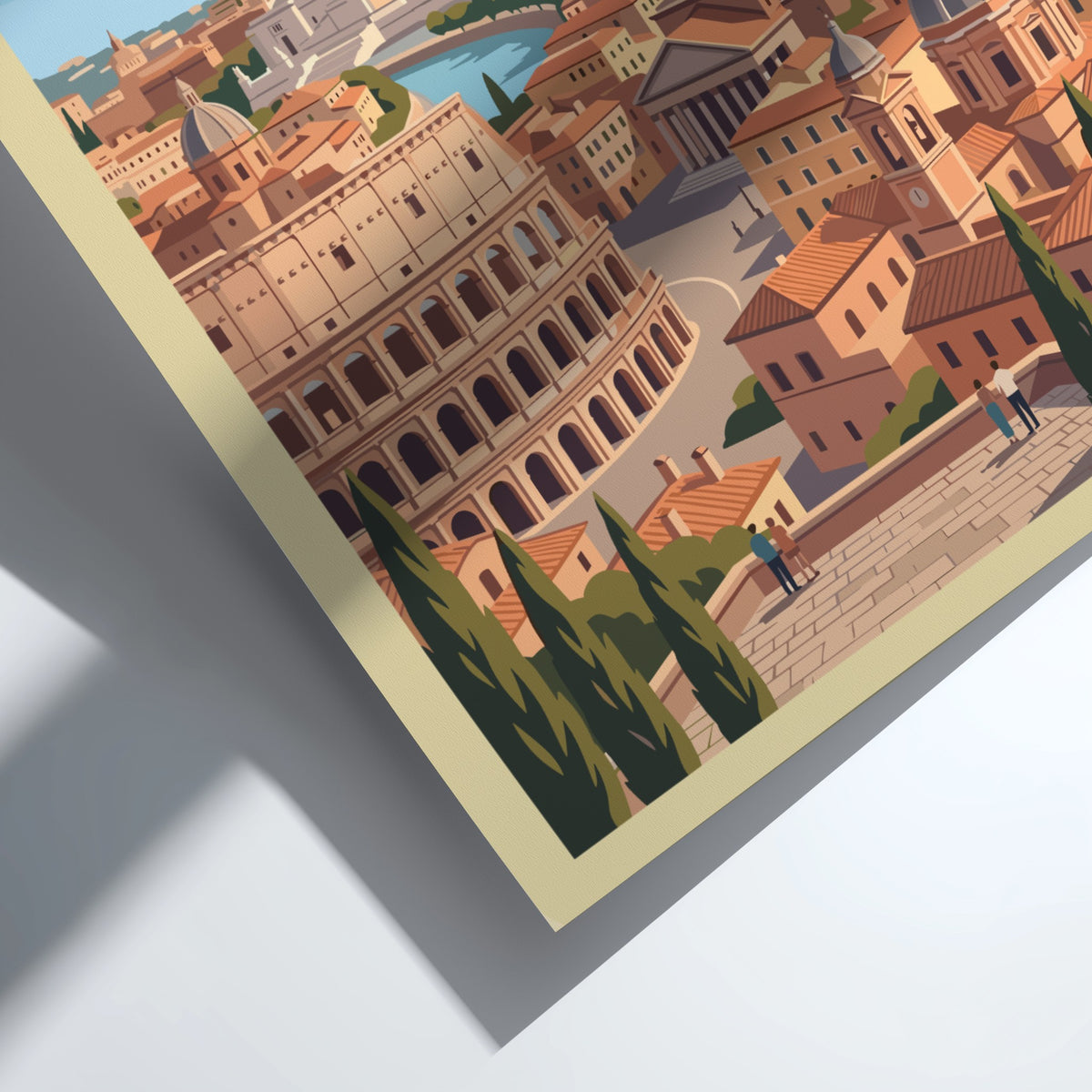Rome Italy travel poster showing the Colosseum and St. Peter's Basilica in warm tones.