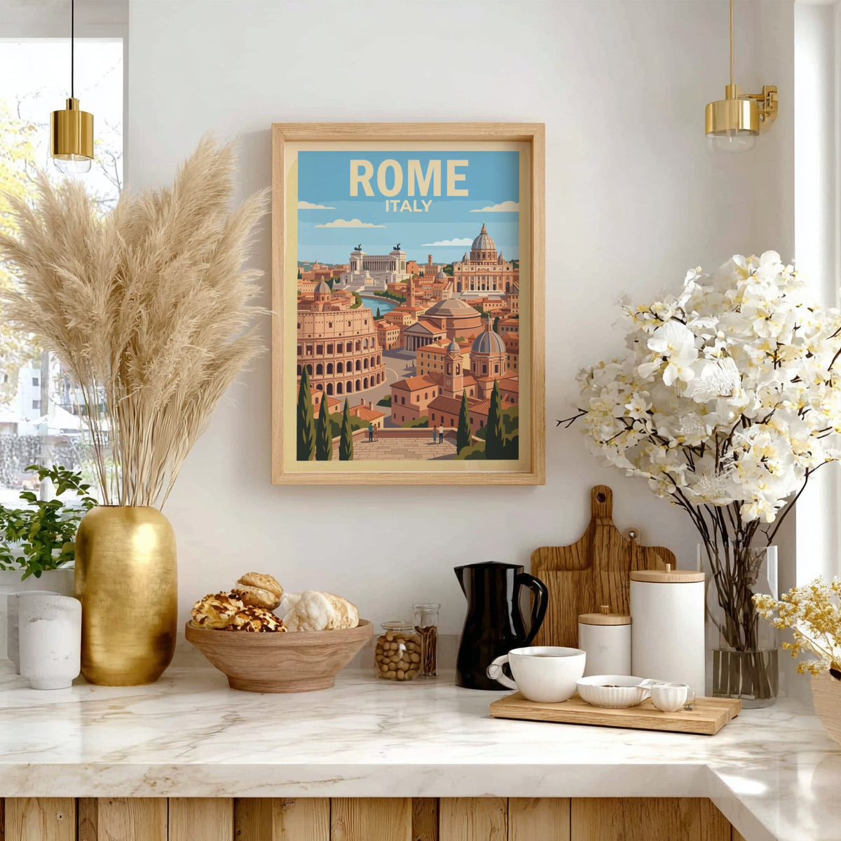 Rome Italy travel poster showing the Colosseum and St. Peter's Basilica in warm tones.