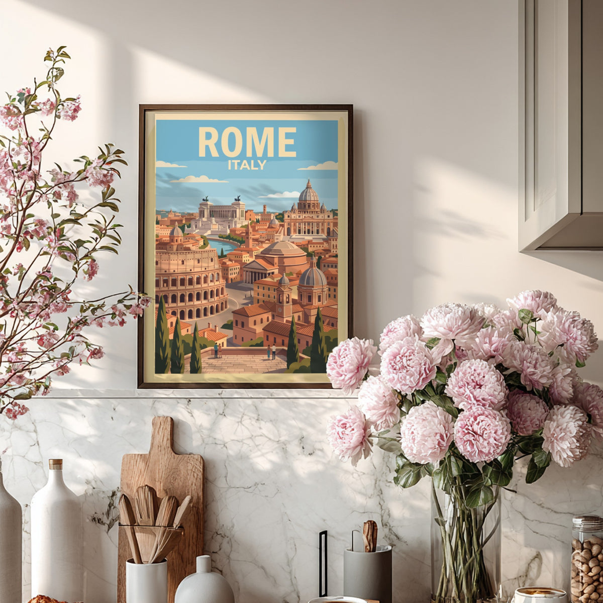 Rome Italy travel poster showing the Colosseum and St. Peter's Basilica in warm tones.