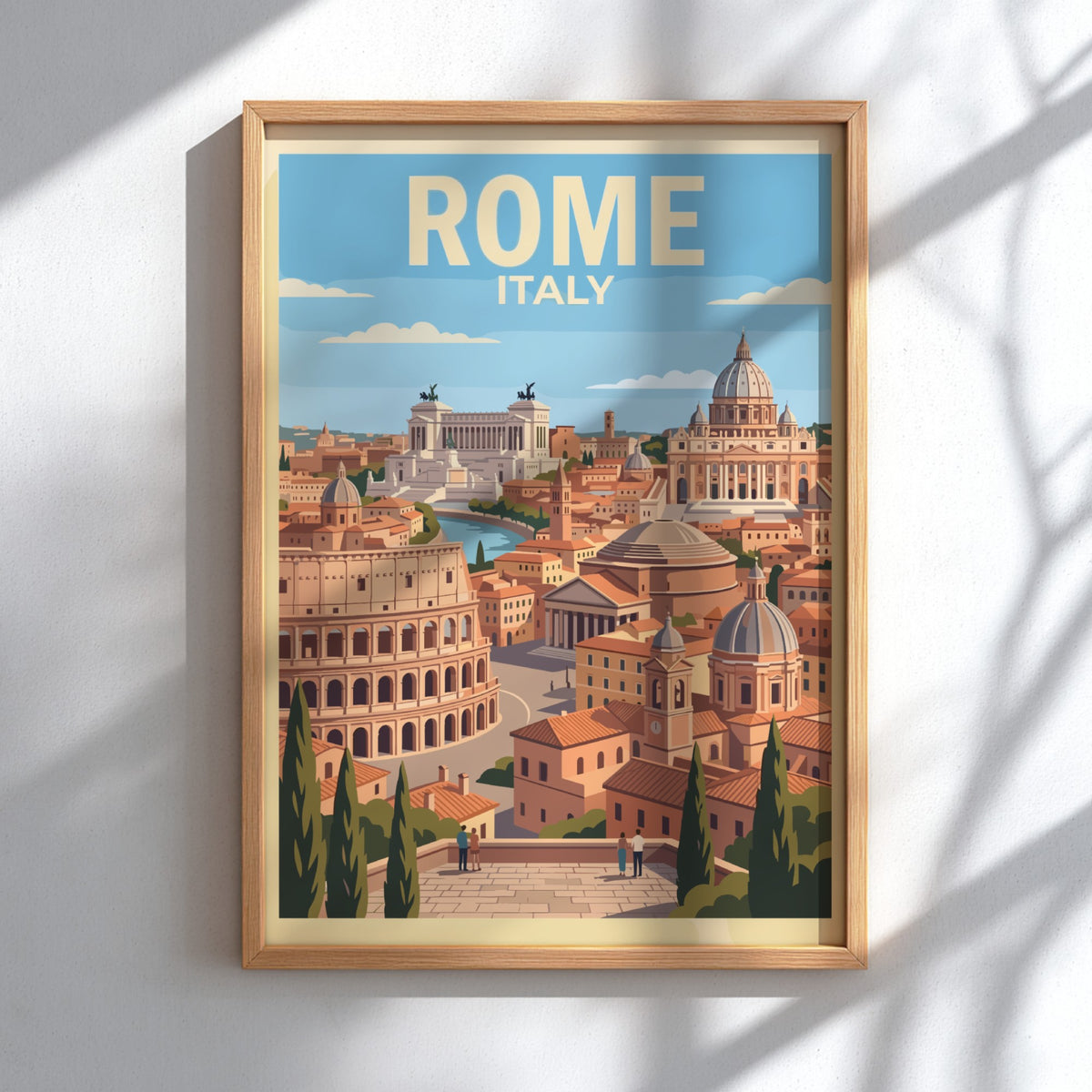 Rome Italy travel poster showing the Colosseum and St. Peter's Basilica in warm tones.