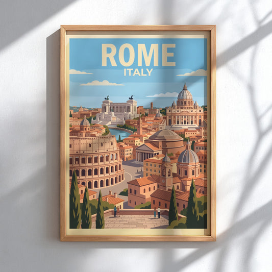 Rome Italy travel poster showing the Colosseum and St. Peter's Basilica in warm tones.
