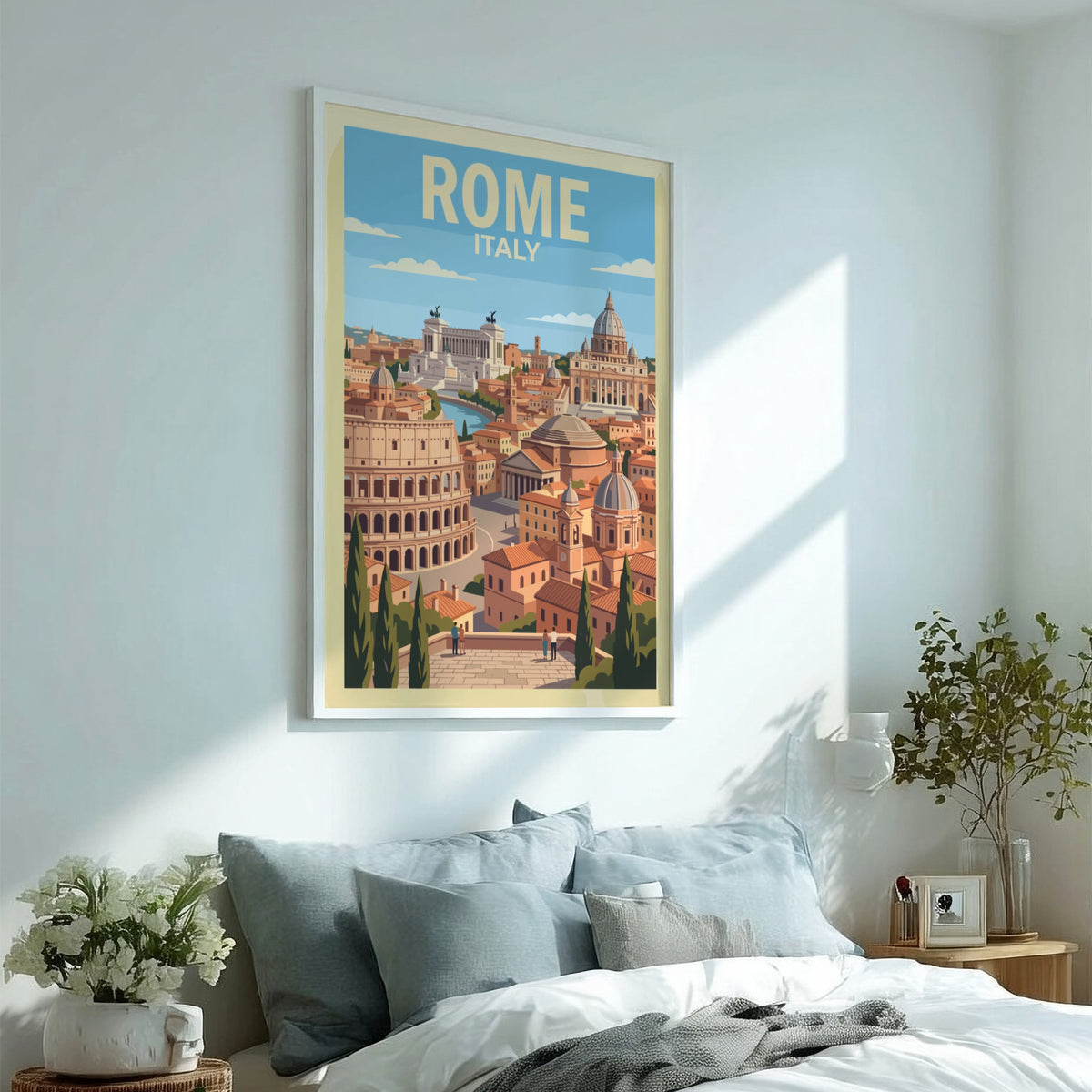 Rome Italy travel poster showing the Colosseum and St. Peter's Basilica in warm tones.