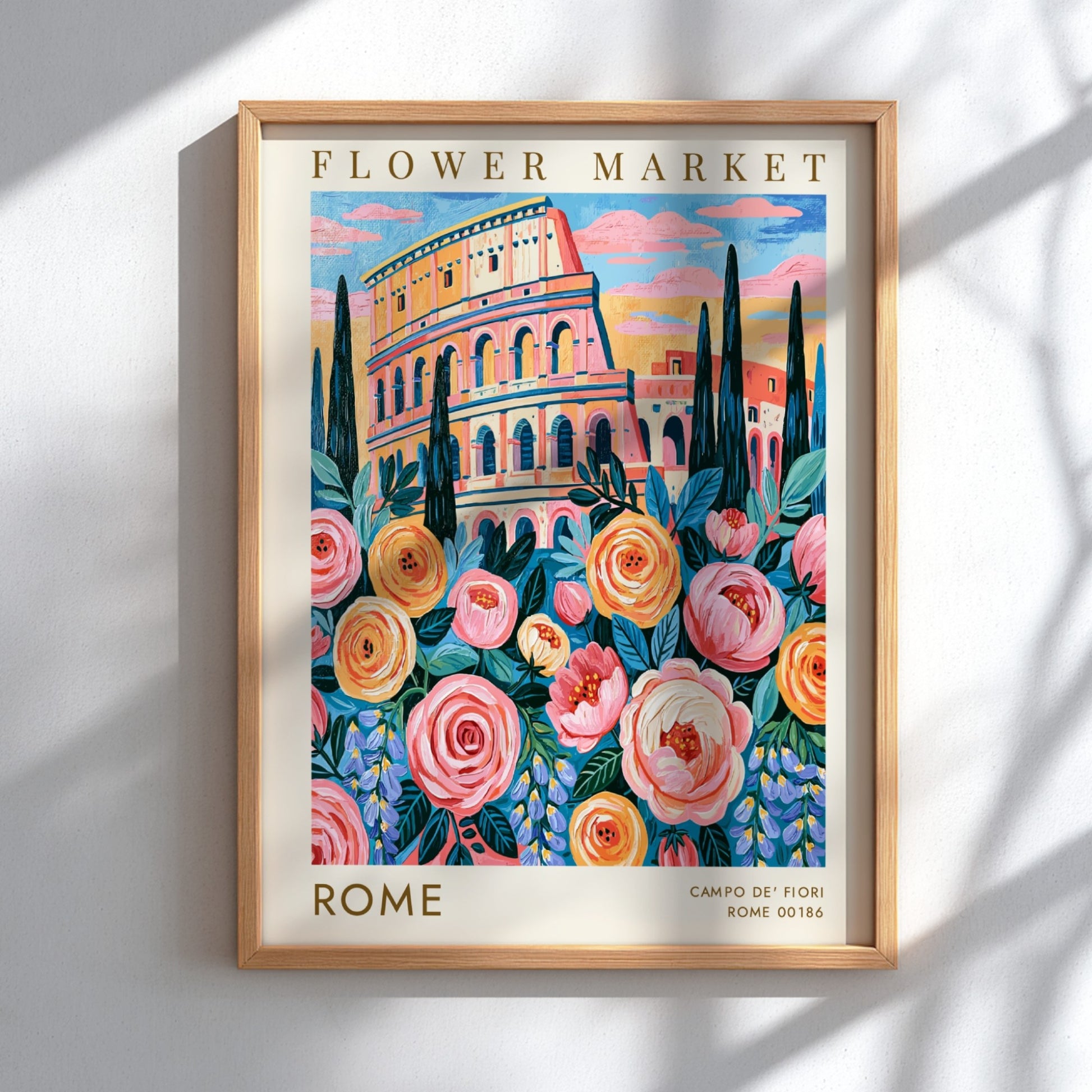 Flower market poster showcasing vibrant colors and the Colosseum in Rome