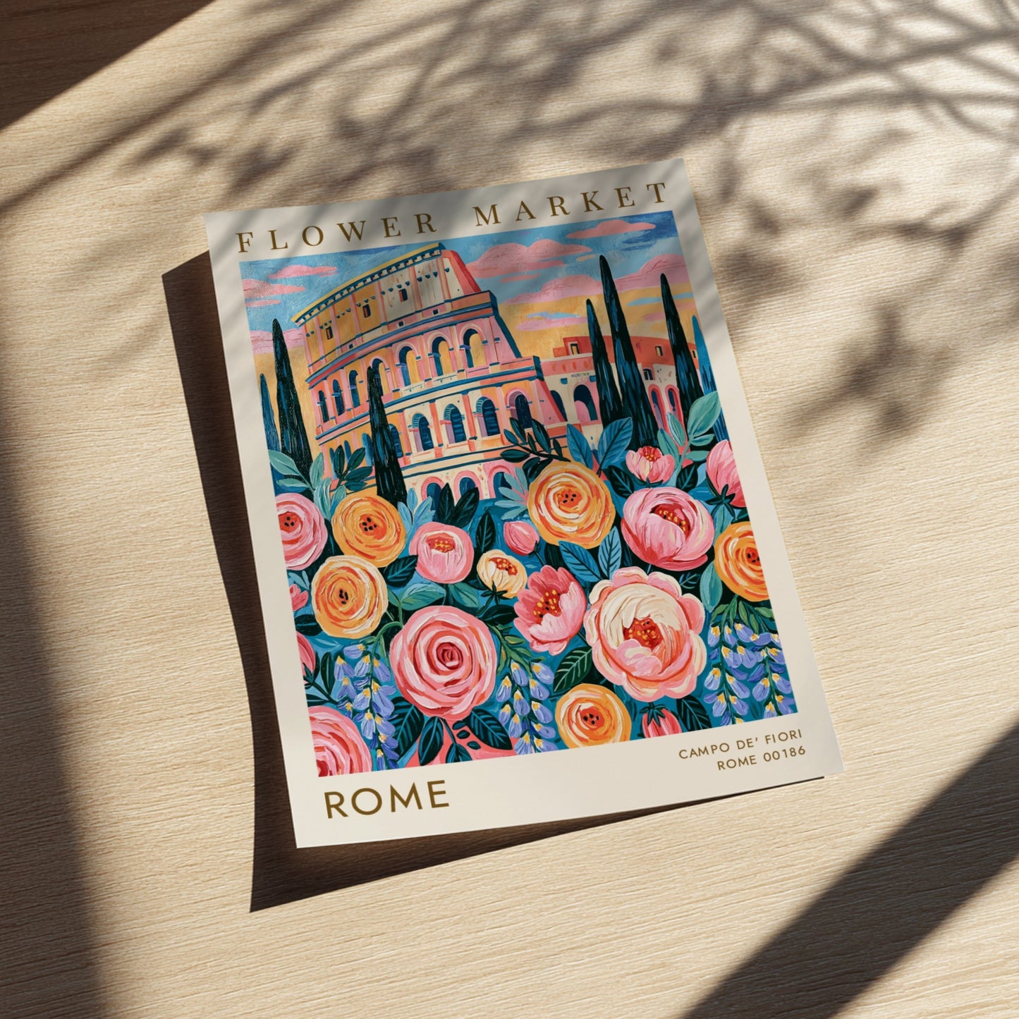 Flower market poster showcasing vibrant colors and the Colosseum in Rome
